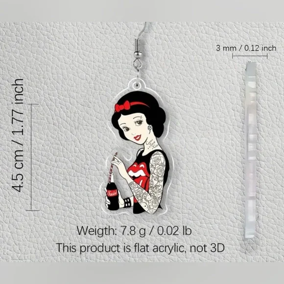 🖤 Acrylic 2D Edgy Snow White Drop & Dangle Earrings - Picture 3 of 3